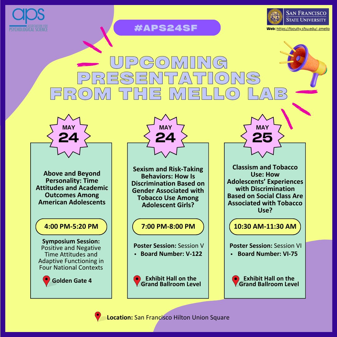 Proud to announce that the Mello Lab will have 3 presentations <a href="/PsychScience/">Association for Psychological Science</a> this week. Join us this Friday the 24th - we're excited to see you there! #APS24SF