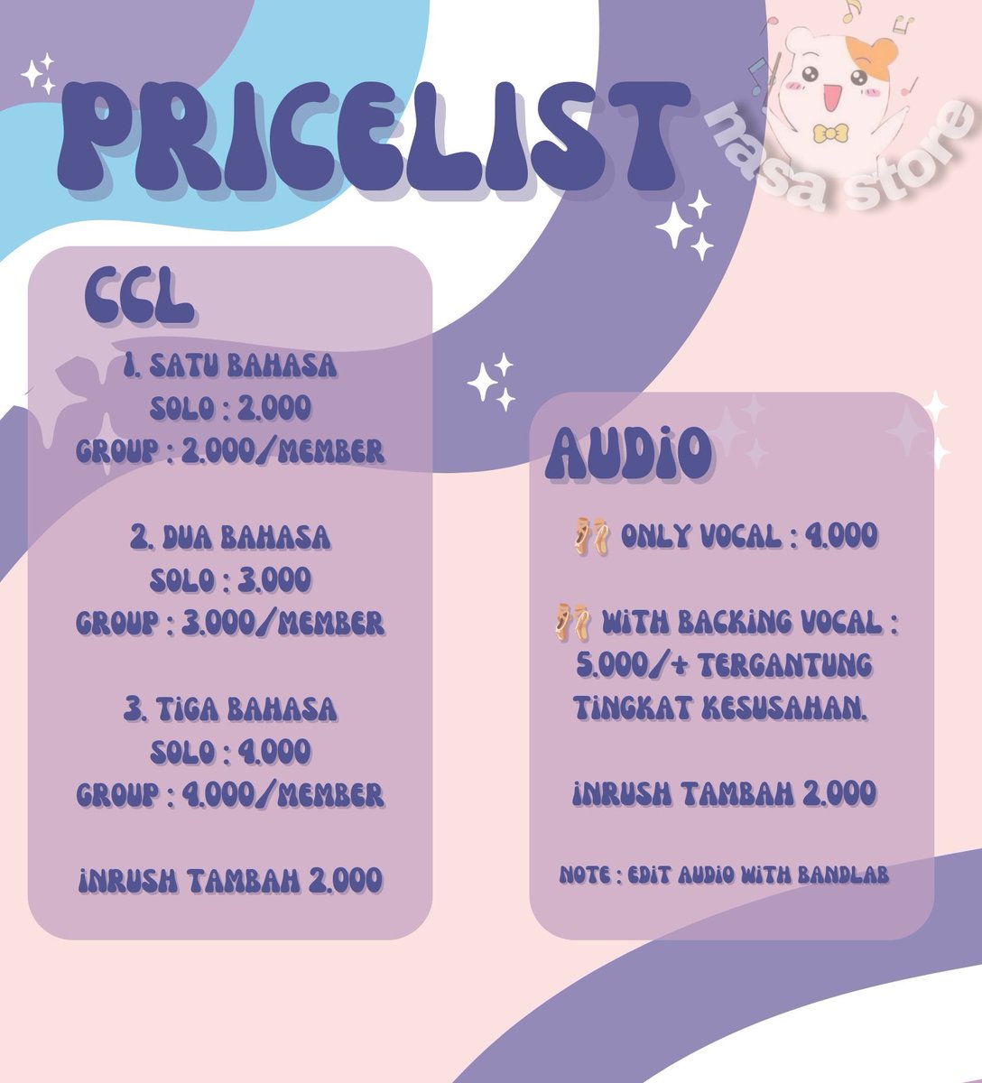 thalasae's tweet photo. halo !! aku buka jasa edit ccl &amp; audio bandlab dengan harga terjangkau tapi berkualitas.

pricelist, result ccl dan result audio : https://t.co/Nyz5TVkqra