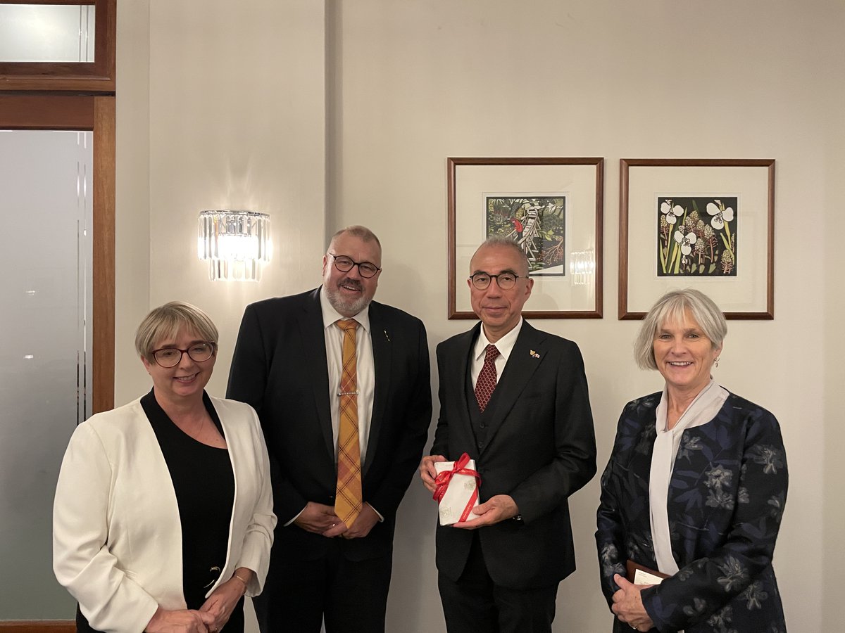 JPEmbassyAU's tweet photo. "Delighted to meet Tasmanian Premier @jeremyrockliff &amp; Legislative Council of Tas President @craig_farrell. We reaffirmed that the 🇯🇵 &amp; Tas relationship will continue to grow steadily through both our strong people-to-people &amp; economic ties." –Amb Suzuki https://t.co/4CSKmulIAZ
