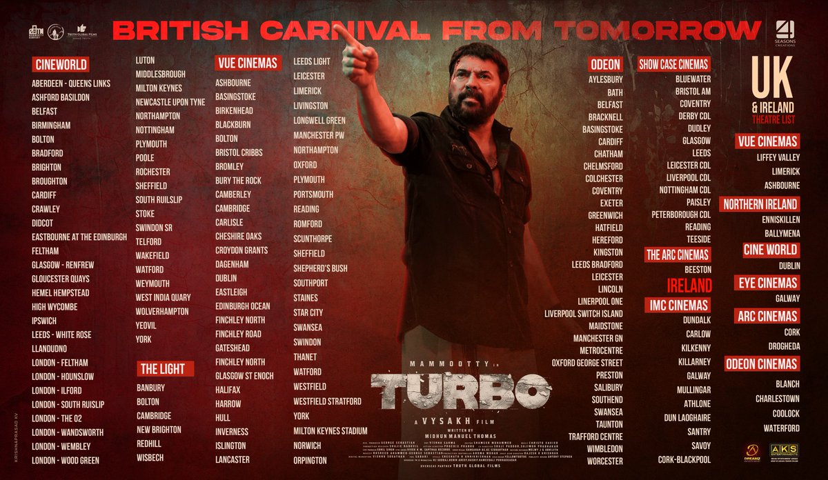 #Turbo Kerala, ROI, Gulf & UK theatre list 🔥🔥🔥 MEGA MASS RELEASE from @DQsWayfarerFilm, @Truthglobalofcl, @4SeasonCreation & all distributor partners 🔥🔥🔥 OVERSEAS ALL TIME RECORD RELEASE 🔥🔥🔥