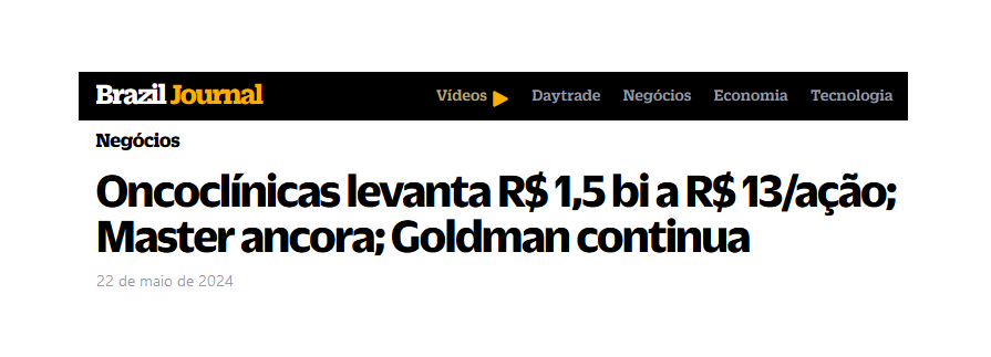 #ONCO3 aumento de capital de R$1,5 Bi, prêmio de 74,5% em relação ao último fechamento. Precificado em R$13,00. Brazil Journal.