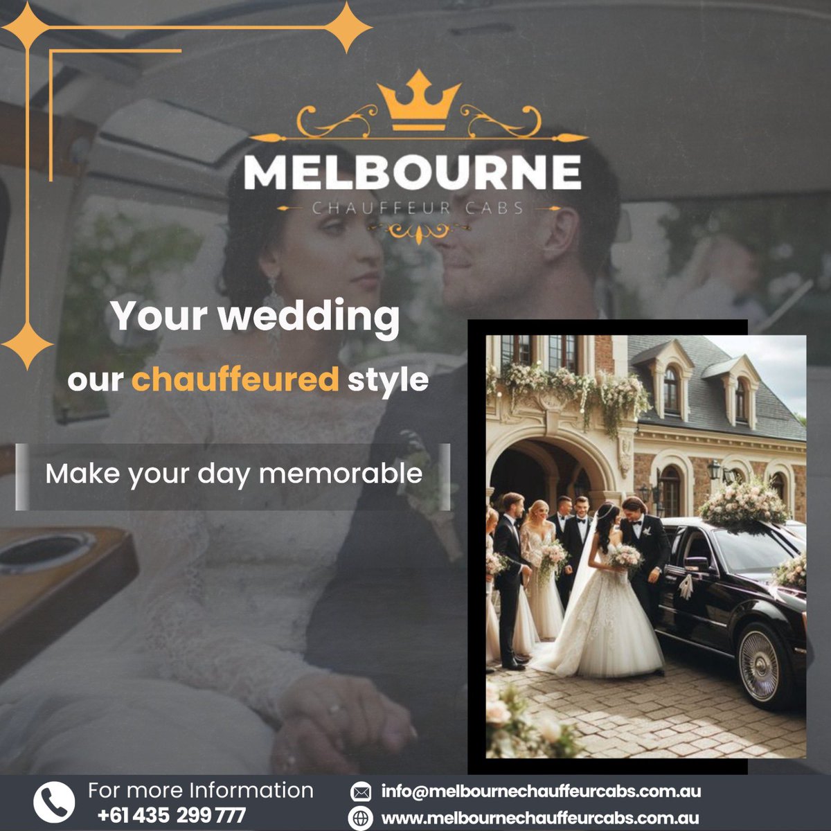 🌟 Your wedding day just got better with Melbourne Chauffeur Cabs premium chauffeur service! 🌟 Let us take care of your transportation needs on this special day. Sit back, relax, and arrive in style with our professional chauffeurs. 📞 Call us at: +61 435 299 777 🌐 Visit