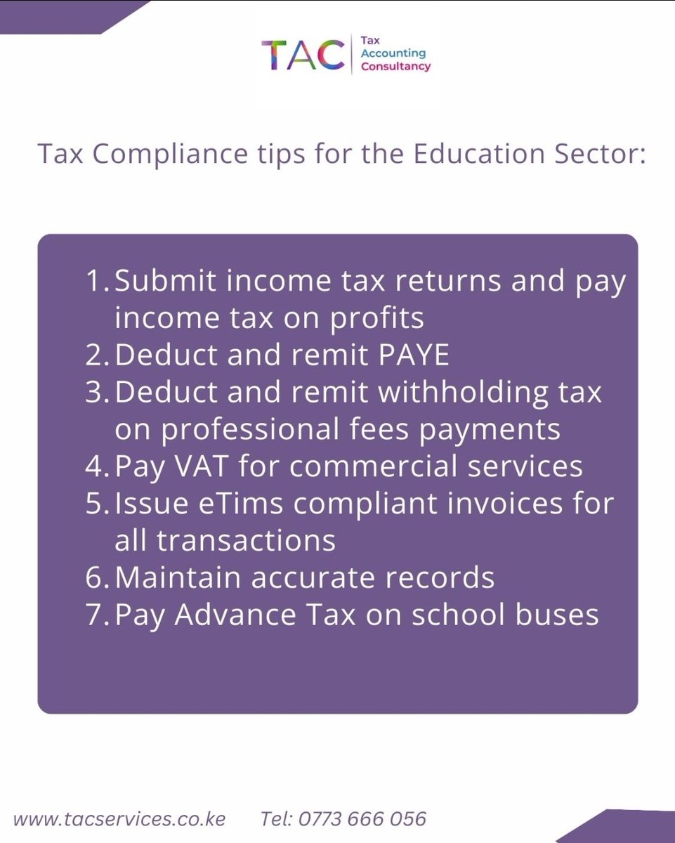 Did you know that 60% of educational institutions in Kenya struggle with tax compliance? See below some of the tax compliance tips for the education sector. 

#taxcompliance
#taxsimplified
#taxplanning
