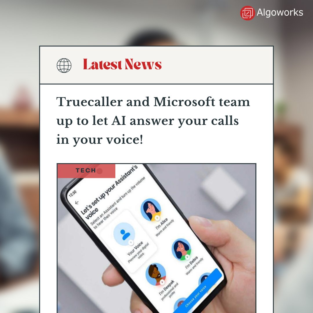algoworks's tweet photo. Experience the future of calling with @Truecaller and @Microsoft 
Now, AI can answer your calls in your own voice. 📞

#Truecaller #MicrosoftTeams #calling #voicemod #calls #artificalintelligence #audiovisualai #abbottelementary https://t.co/hs0H2rdzqS