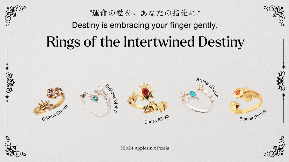 Applesin_es's tweet photo. ;.+*:ﾟ+｡『運命の愛を、あなたの指先にー』

ใกล้วันพรีออเดอร์แล้ว เลือกแหวนที่จะมาอยู่ที่นิ้วของคุณรึยังคะ💍
══════════════════════
🐺🦇🦋🦁🪸
Pre-order starts : 25 MAY 2024 (18:00 gmt+7)
#ApplesinXPixelaDestiny #PixelaDestiny https://t.co/3mD7zKOwLQ