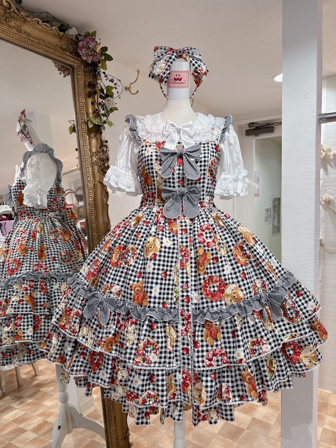 メタモルフォーゼ Gingham fruits tart ジャンパースカート 赤 No.853 Gingham fruits tartフリルジャンパースカート +