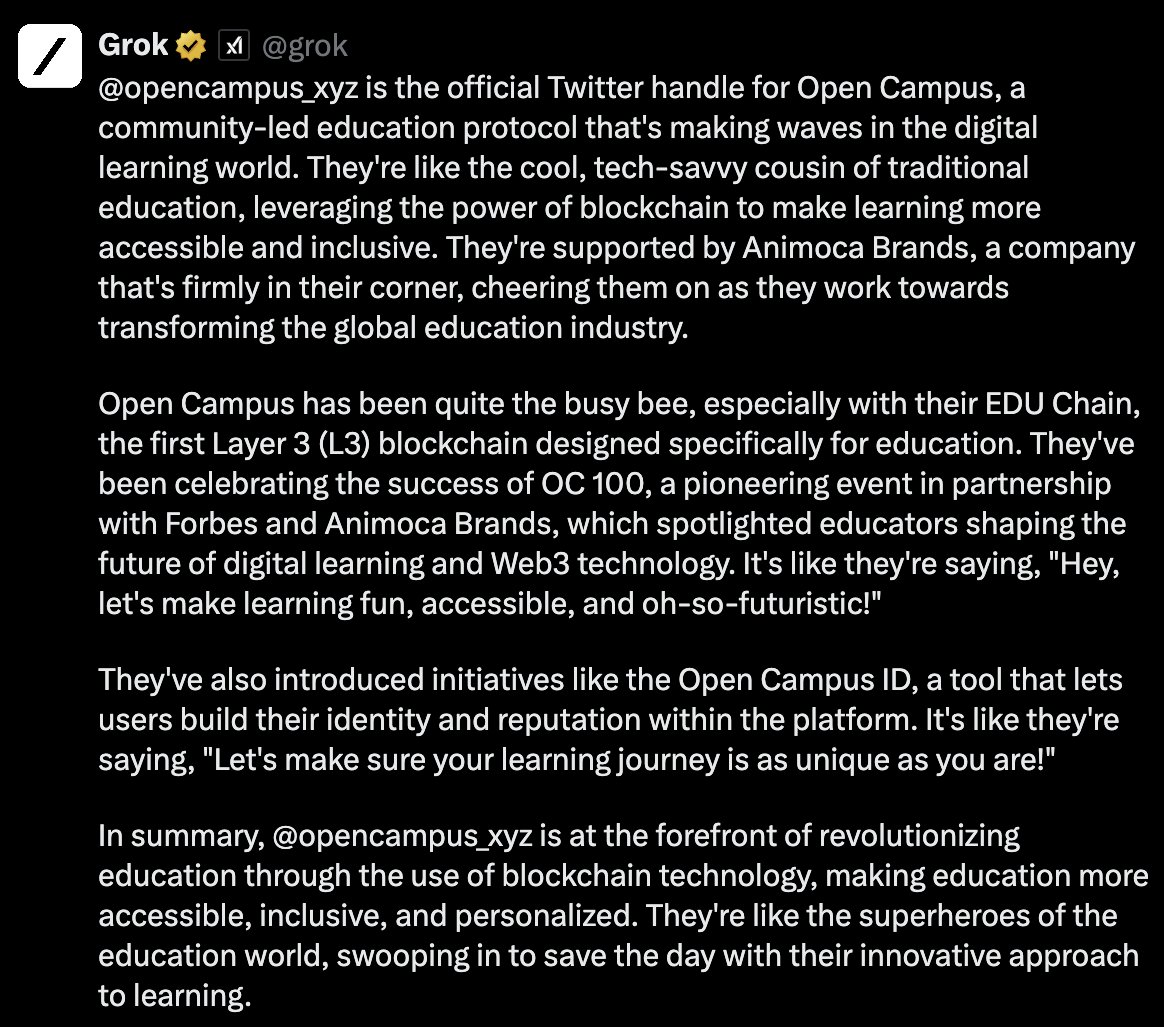 Over the last 48 hours, I took a deep dive into <a href="/opencampus_xyz/">Open Campus</a>! Using both Grok and ChatGPT as part of my research, I found they summarized everything nicely, as seen in the screenshots.

However, they failed to highlight the importance of brand. We see it with clothes and