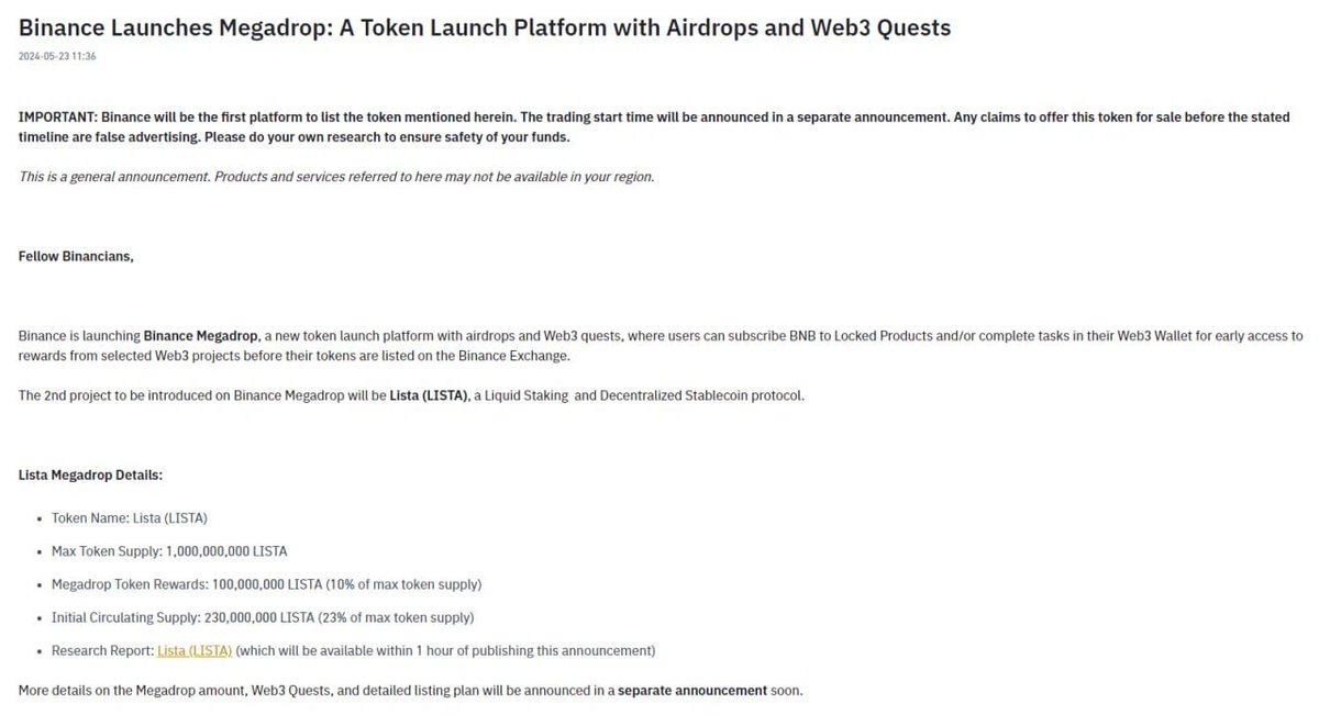 📢Binance ra mắt Binance Megadrop, nền tảng phát hành token mới với airdrop và các nhiệm vụ Web3

✍️ Chi tiết về Lista Megadrop:

📍 Tên Token: Lista (LISTA)
📍 Tổng Cung Tối Đa: 1,000,000,000 LISTA
📍  Phần Thưởng Token Megadrop: 100,000,000 LISTA (10% tổng cung