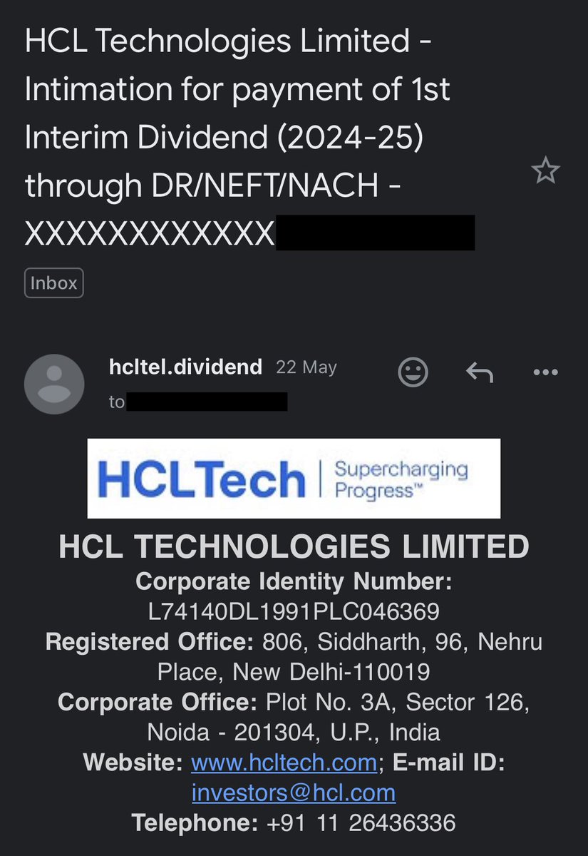 These are my favourite emails - HCL Tech #dividend.

Being cash flow rich is more important than being just asset rich.

Will continue to accumulate dividend stocks. You can buy income with your money.