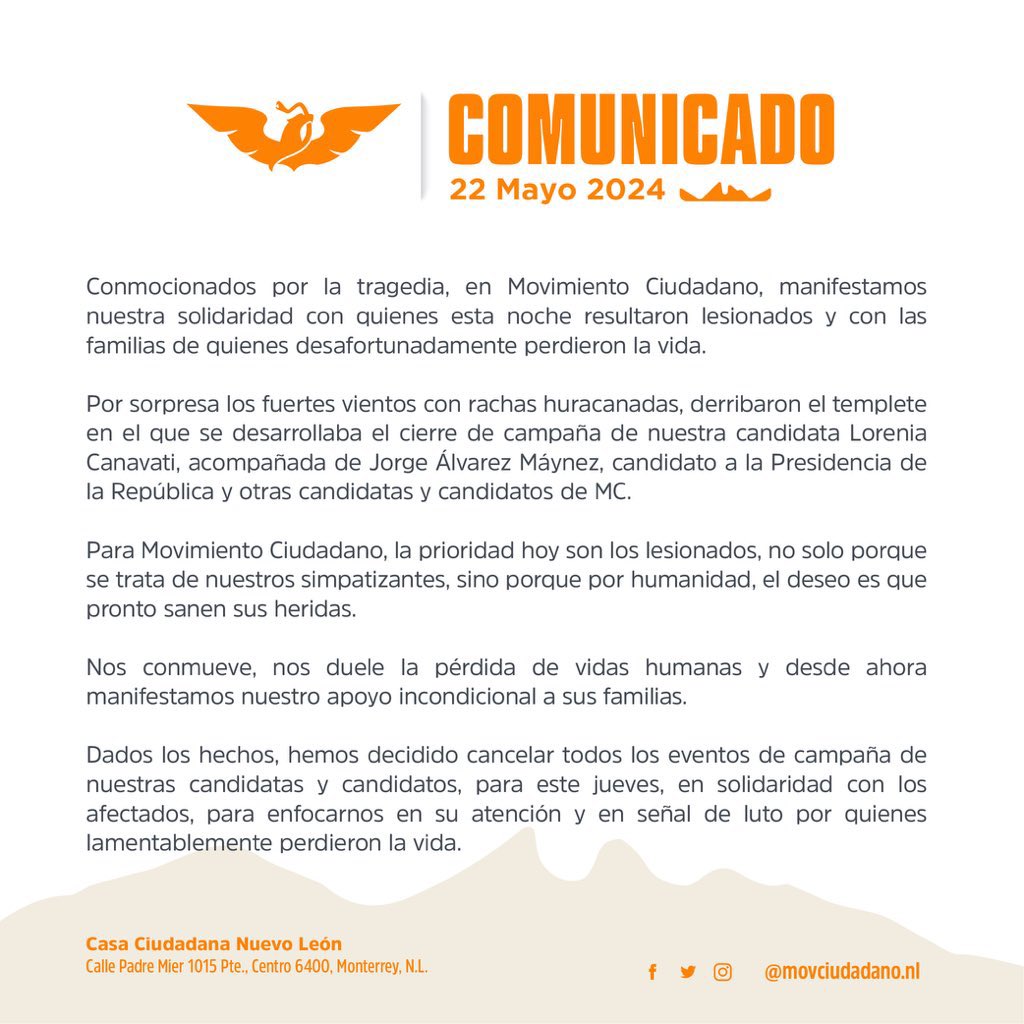 notimomentum's tweet photo. Comunicado de Movimiento ciudadano tras la tragedia ocurrida en San Pedro Garza García  en donde se encontraba el candidatoJorge Álvarez Máynez, ya se reportan muertos y lesionados https://t.co/XZXPpFlGil