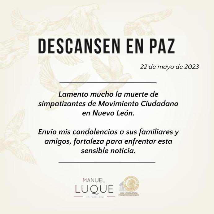 ManuelLuqueRo's tweet photo. Mi solidaridad para las familias y amistades de las personas fallecidas en el mitin de Movimiento Ciudadano en Nuevo León. 

En paz descansen. 🕊️

#ManuelLuque #ML https://t.co/rQN8ioqMQU