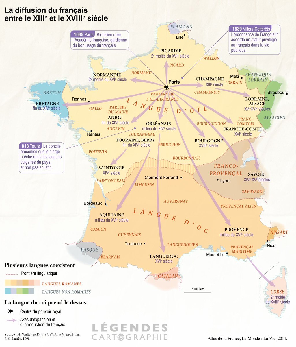 LegendesCarto's tweet image. 4-7 Géographie de la langue française et des langues parlées en France - La diffusion du français entre le XIIIe et le XVIIIe siècle