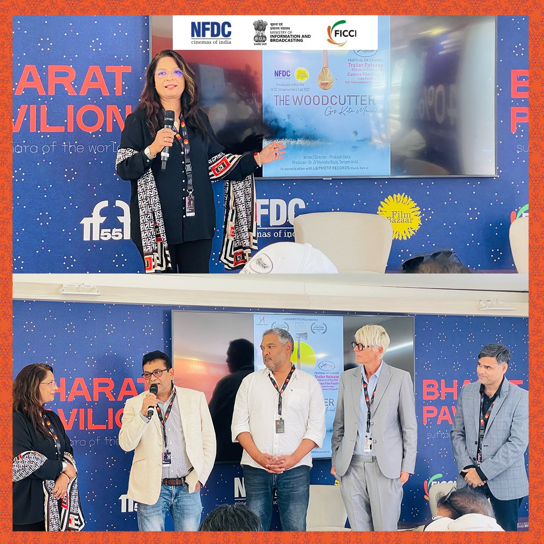 PIB_India's tweet photo. The trailer and poster for "WWW - World Without Water," directed by Manoj Pandya, and "Woodcutter-Gos Kota Manuh," directed by Prakash Deka was launched at the #BharatPavilion, #cannes2024 

Here are some glimpses from the trailer and poster launch! 📸

#IndiaAtCannes https://t.co/W76gMaqKcz