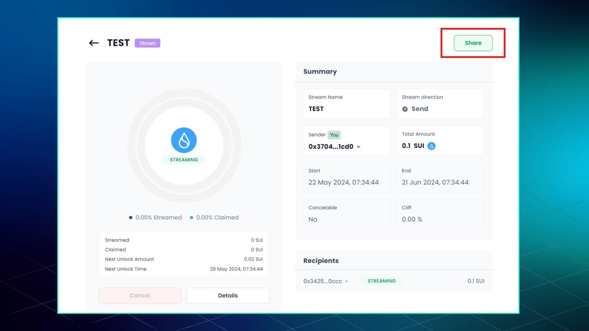 MMTFinance's tweet image. 1/2🎉Exciting news! MPay(MSafe streaming service) has enabled sharable link in the product. Protocols and teams can choose to share their streaming details with the community and more.🚀

 #Sui #MSafe @SuiNetwork @Mysten_Labs