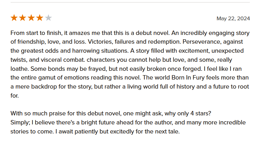 It's still surreal to me that my book is out in the world. Thanks so much to my all my readers! And thank you to all who left ratings.

For anyone curious, it's got 25 reviews on GoodReads (and more elsewhere) and they're all 4 & 5 stars. I've included the most recent one here!