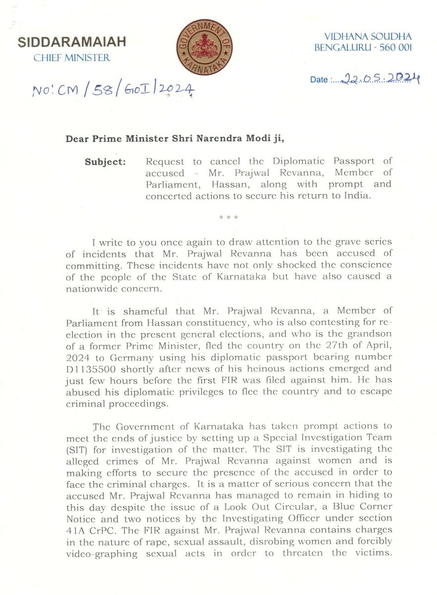 siddaramaiah's tweet photo. I have written to Hon'ble PM Shri @narendramodi requesting the cancellation of the diplomatic passport of the accused, Mr. Prajwal Revanna. Prompt and concerted actions are needed to secure his return to India for facing the law. https://t.co/mtNU9FrXr6