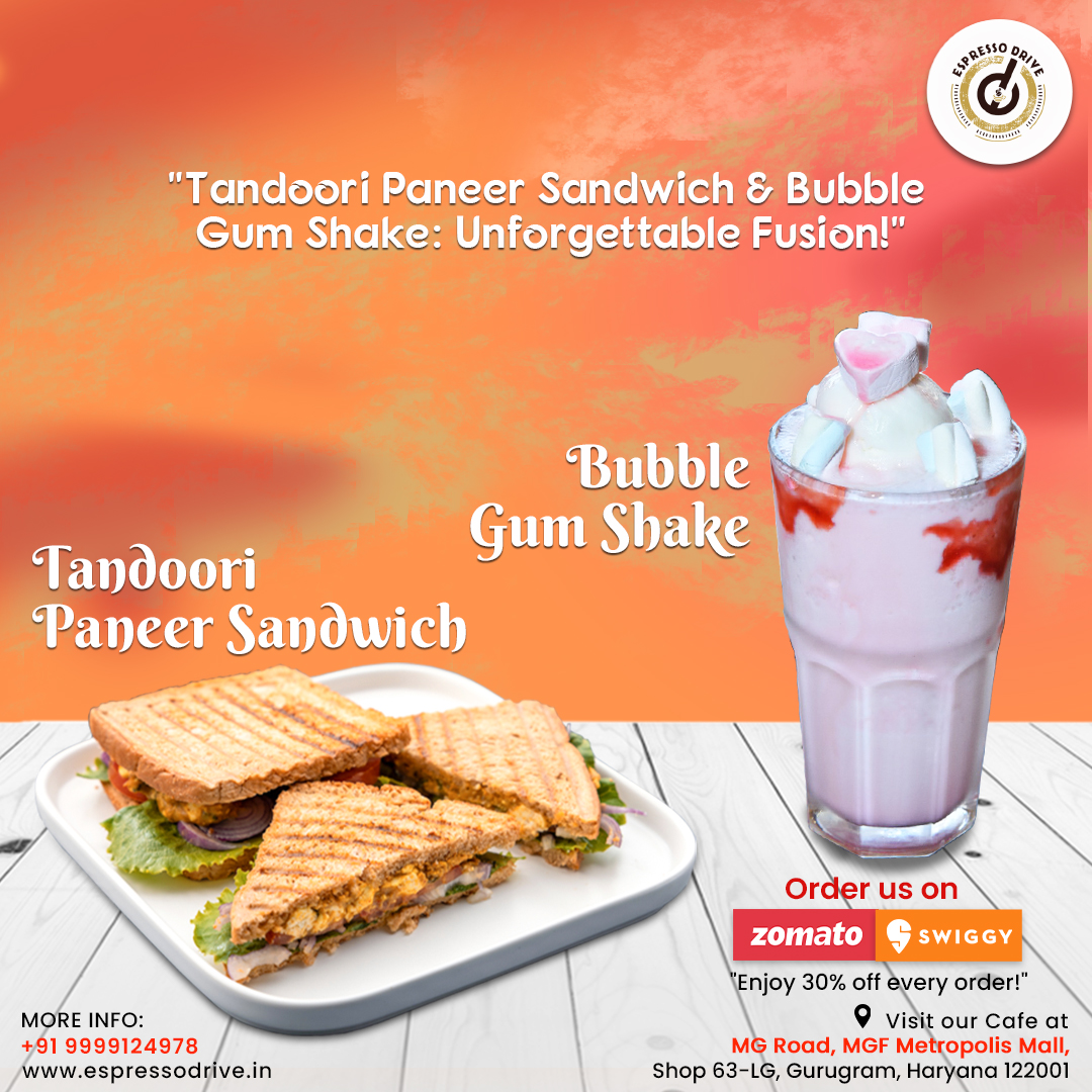EspressoDrive's tweet photo. @EspressoDrive Cafe Combo Delight in #Grugram! Craving a satisfying meal? Look no further! Our #TandooriPaneerSandwich 🥪paired with a creamy #BubbleShake 🥤 is the ultimate flavor fusion.
Order this delightful combo via #Swiggy or #Zomato and enjoy a fantastic 30% off! 🎉 https://t.co/fV6FkAdzaT