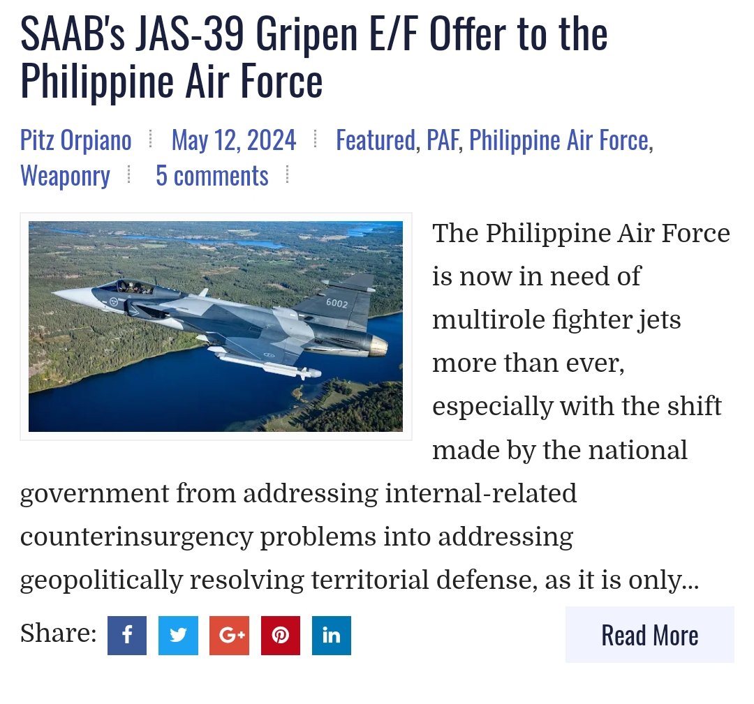 In context, the offer made by #SAAB to the #PhilippineAirForce is the #JAS39GripenE variant rather than the Gripen C/D variant as previously reported. Read it again here - bit.ly/PAFGripenE