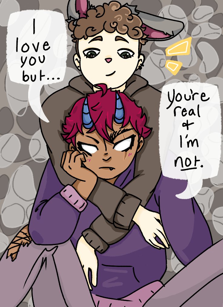 Oliver_Branch04's tweet photo. Prompt: what if fictional characters crushed on us? What if your OC fell in love with you?

This is my OC, Shadow. I've been looking for a new prompt to draw him in, so I drew he and I. He's fallen for me, but can't do anything about it :(

(Version without pupils is canon) https://t.co/gtLBfdIUrm