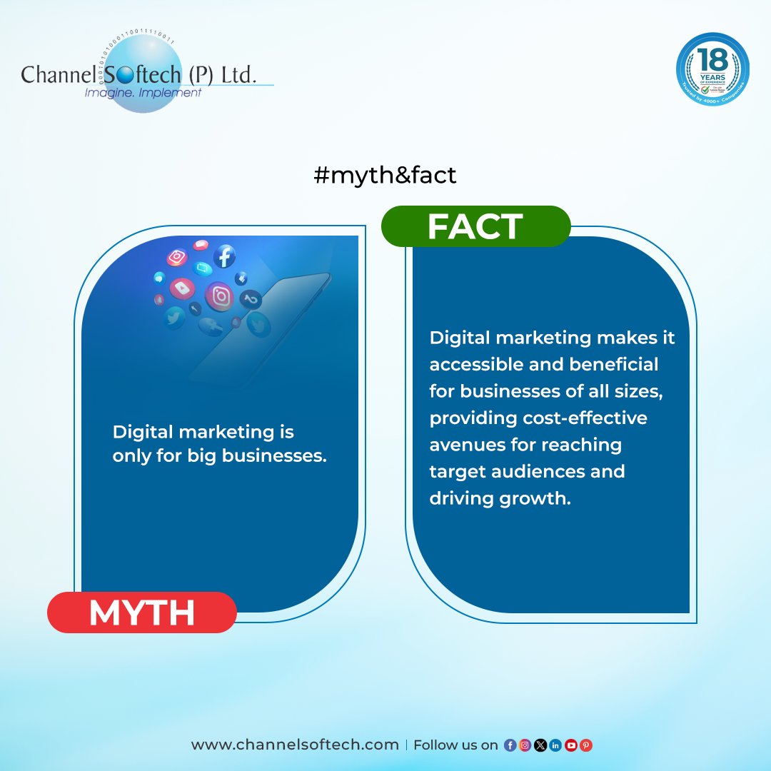 Distinguishing between myths and facts related to digital marketing.

#mythsandfacts #channelsoftech #digitalmarketing #digitalmarketingagency #digitalmarketingindia #targetaudiences #bigbusiness #socialmediagrowth #socialmedia #digitalmarketingmyth
