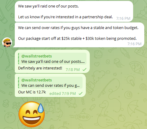 Wen <a href="/wallstreetbets/">WallStreetBets</a> sends you a DM, you get excited!

Then you realize its all about the moolah, always...

And didn't even look at our MC or any links as they are asking for 2.8x our MC in tokens 😂🤣😂

We are now at 22.5k MC, lets push out of pumpfun!

Raydium, we are coming