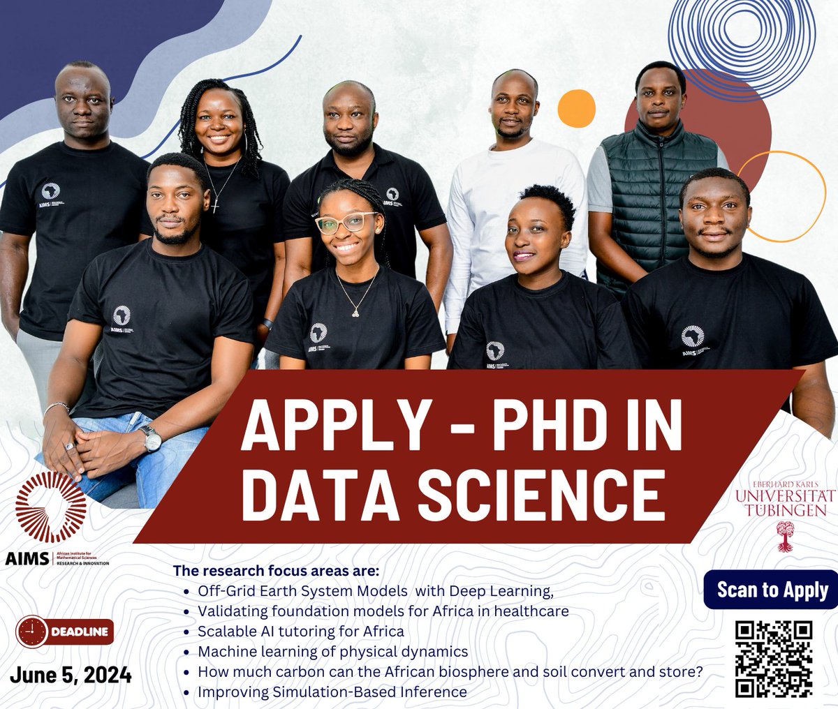 AIMS Research and Innovation Centre (@aims_ric) on Twitter photo We've opened a call for applications for 3 #PhD positions in #datascience, funded by <a href="/uni_tue/">Universität Tübingen</a>. This is a 36 months fellowship with additional funding for conferences & international #ScientificEvents. Visit applications.aimsric.org/home to apply by June 5, 2024.
#FundedOpportunities We've opened a call for applications for 3 #PhD positions in #datascience, funded by <a href="/uni_tue/">Universität Tübingen</a>. This is a 36 months fellowship with additional funding for conferences & international #ScientificEvents. Visit applications.aimsric.org/home to apply by June 5, 2024.
#FundedOpportunities