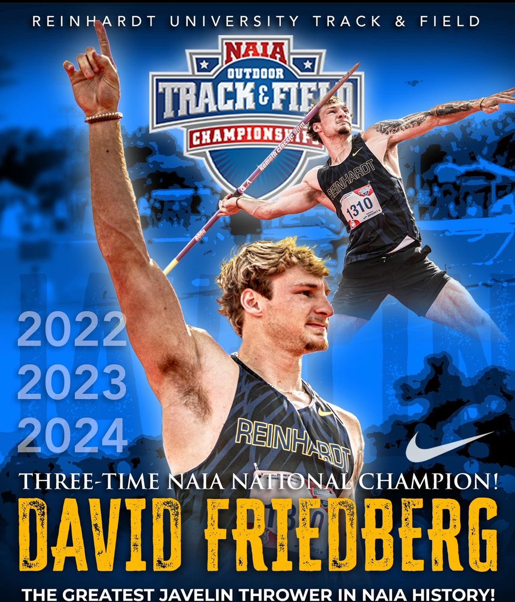 Reinhardt’s own - DAVID FRIEDBERG - becomes a THREE-TIME NAIA Champion with a throw of 71.88 meters!! He finishes his college track & field career as one of the greatest track & field athletes in Reinhardt history and the All-Time top Javelin Thrower in the NAIA! #24Teams1RU🦅