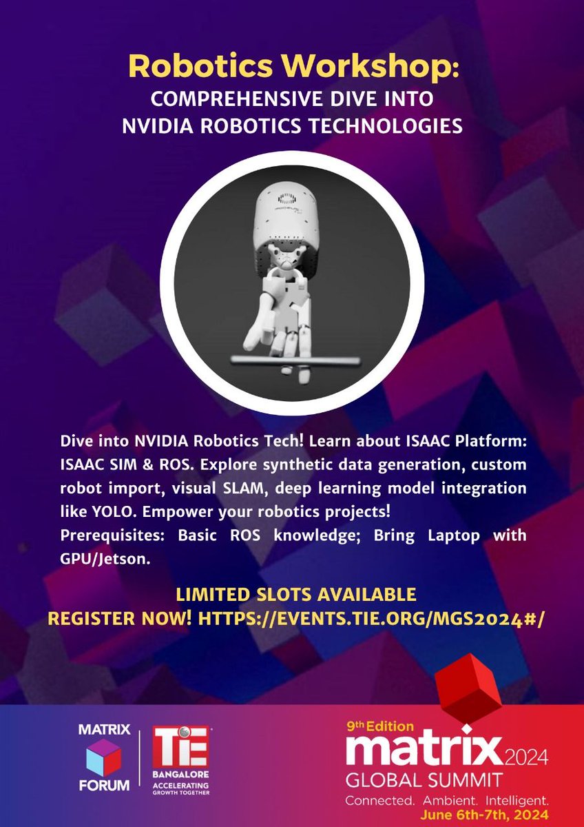 🚀 Dive into NVIDIA Robotics Tech! Join our workshop to explore the ISAAC Platform, ISAAC SIM & ROS! 🌟 Learn: 🔸 Synthetic data generation 🔸 Custom robot import 🔸 Visual SLAM 🔸 YOLO integration Limited slots—register now: lnkd.in/eeB6sm2b (Special prices till May 25)