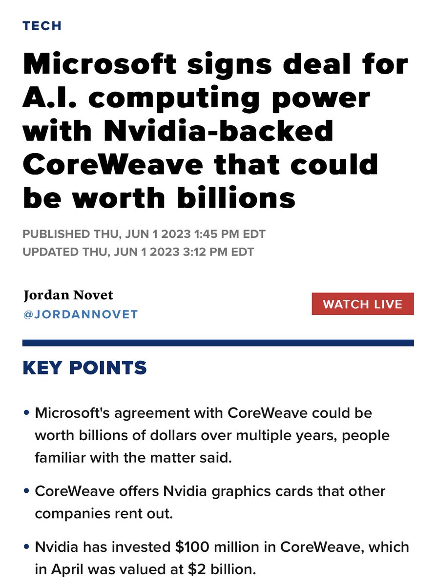 Ouch I should have included this in my articles 🥲 

Isn’t it obvious $MSFT and $NVDA are helping each other to fabricate (fake) revenues? ⚠️

1- $NVDA invests in #Coreweave

2- #Coreweave buys overpriced $NVDA GPUs

3- #Coreweave raises financing using $NVDA GPUs as collateral