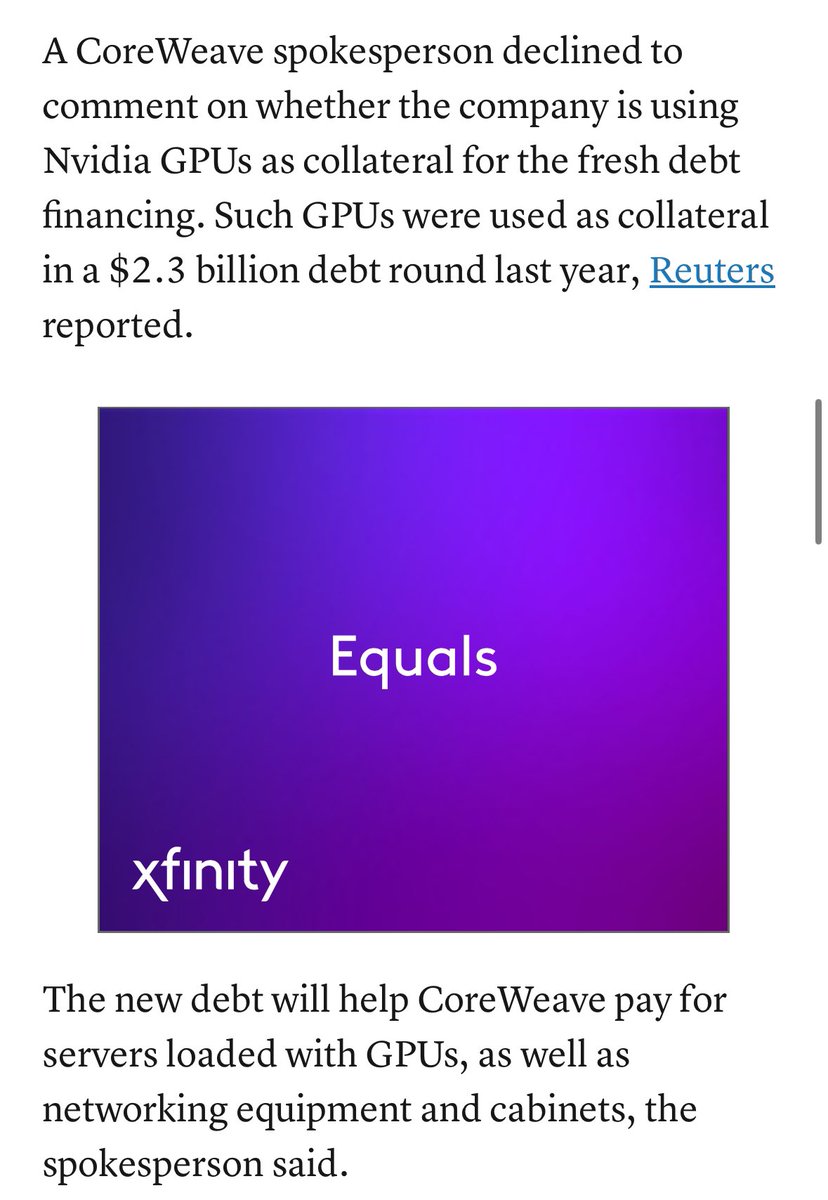 Coreweave is now using $NVDA chips as CDOs 

That’s right the same CDOs that brought down the financial system in 2008