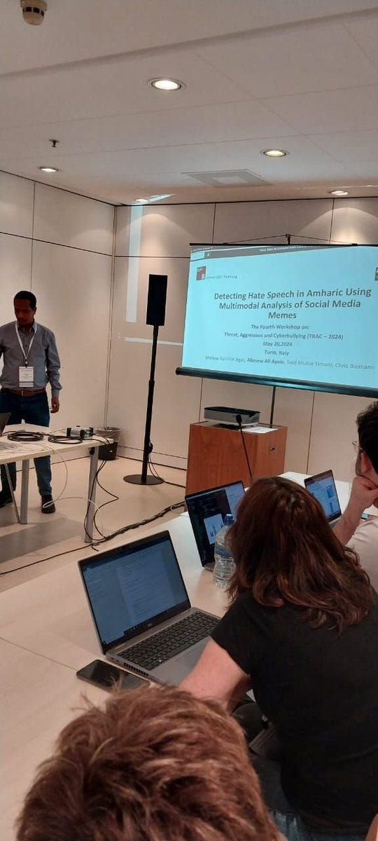 🎊Our members are shining at @LrecColing. Abinew Ali Ayele has presented two original papers at the Fourth Workshop on Threat, Aggression, and Cyberbullying, which is co-located with LREC-COLING2024, in Turin, Italy. The papers are:🧵