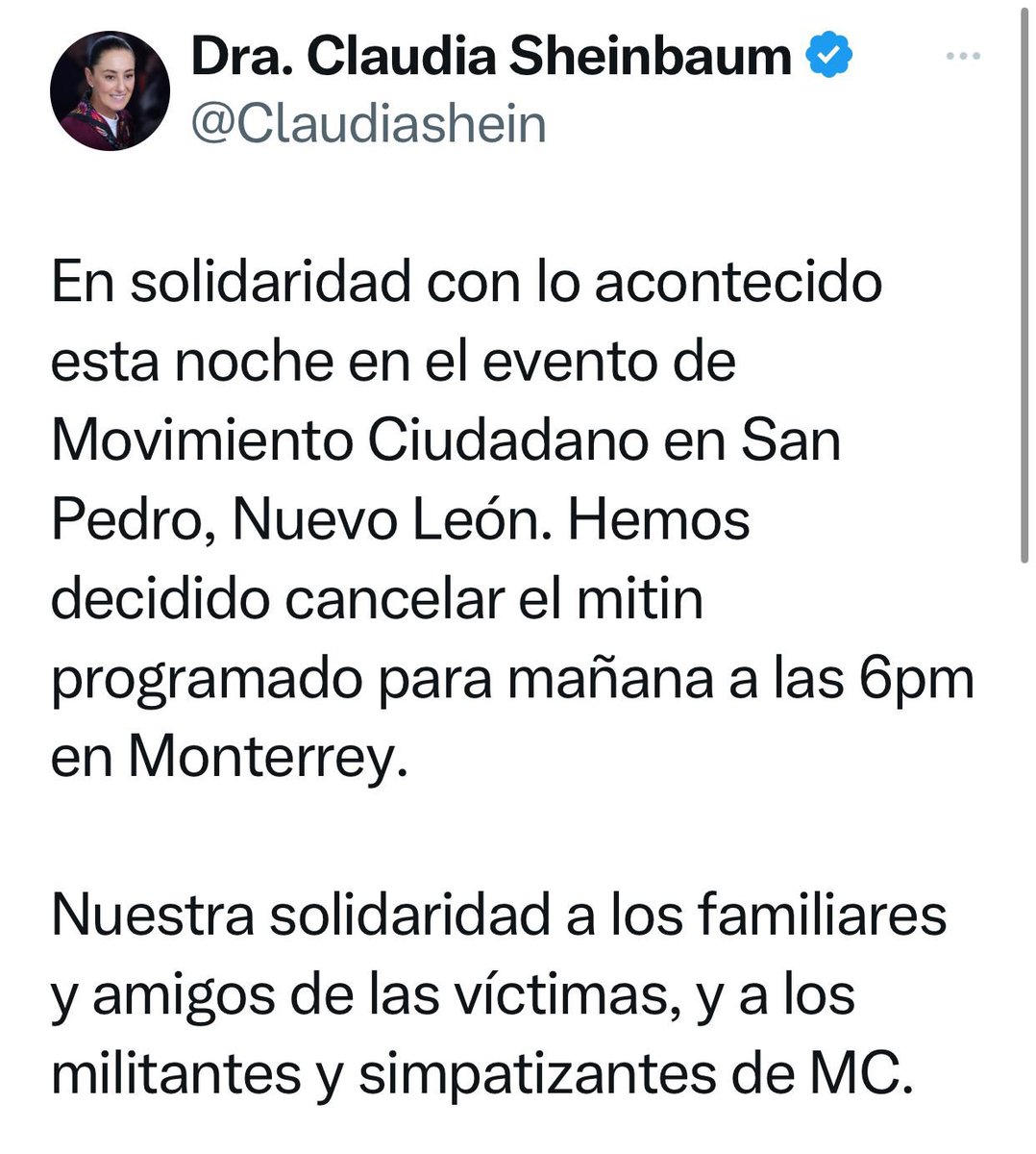 LaGuardiaMX's tweet photo. #ÚltimaHora @Claudiashein cancela mitin que tenía programado para mañana en #Monterrey #NL, “en solidaridad con lo acontecido esta noche en el evento de Movimiento Ciudadano. https://t.co/PijIzB5UQN