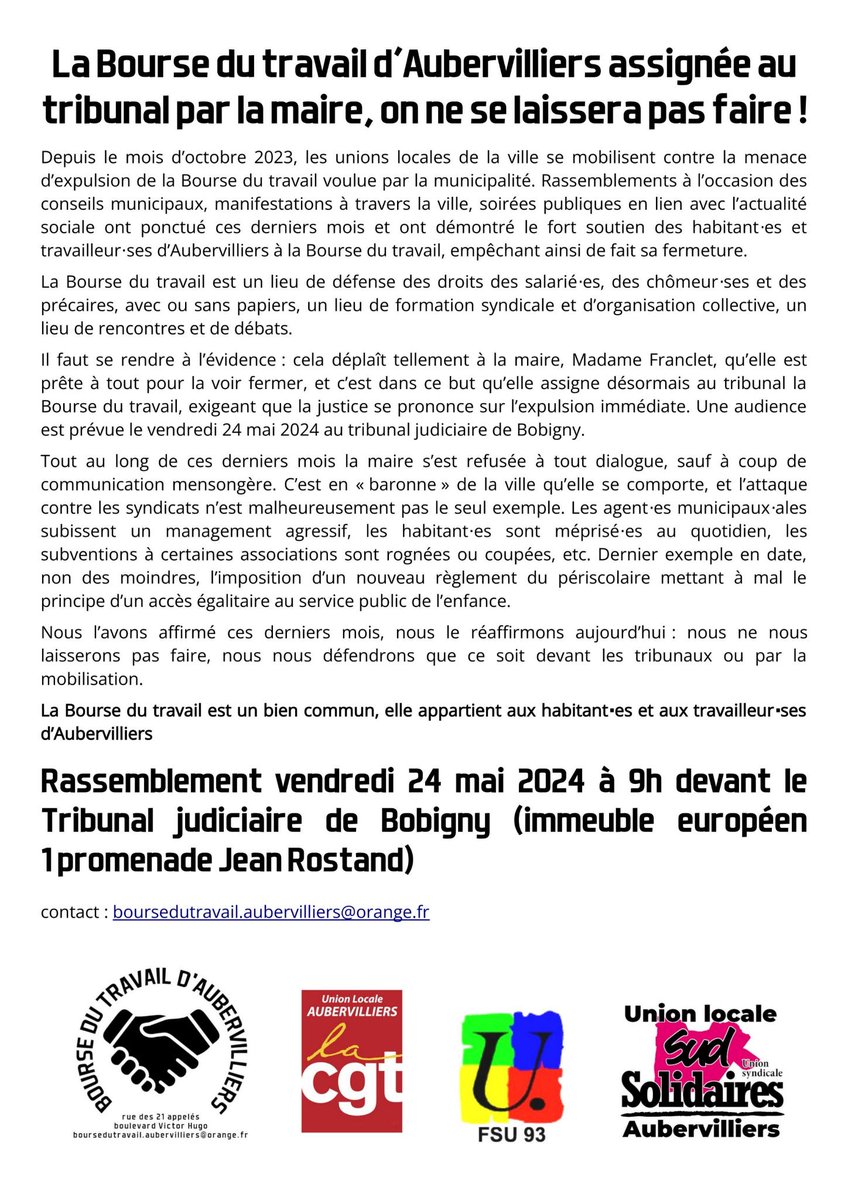 📢 C'est demain, à 9h au tribunal judiciaire de Bobigny, 1 promenade Jean Rostand ✊ la Bourse du Travail d'Aubervilliers @Btdauber ne fermera pas ! solidaires93.org/index.php/2024…