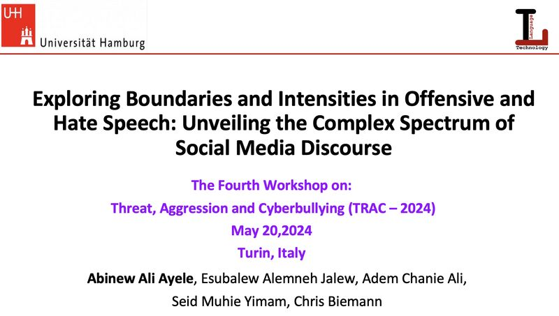 ethionlp's tweet photo. 🎊Our members are shining at @LrecColing. Abinew Ali Ayele has presented two original papers at the Fourth Workshop on Threat, Aggression, and Cyberbullying, which is co-located with LREC-COLING2024, in Turin, Italy. The papers are:🧵 https://t.co/mNU0n6FhWh