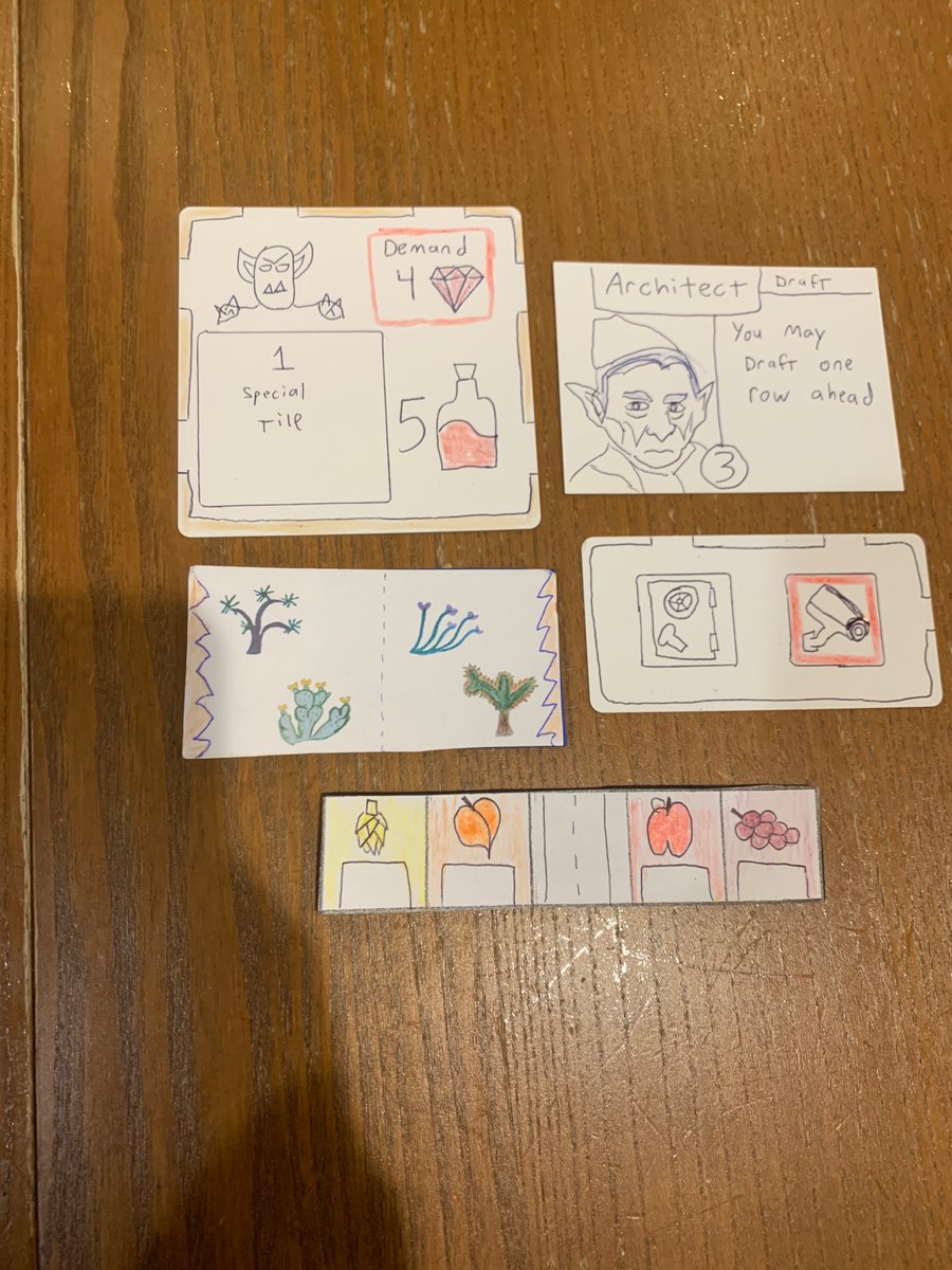 Whew! Just finished five(!) new prototypes to bring to Kublacon. I wanted all those ideas in my head to finally be on the table. They may be great. They may be terrible. Also, I decided to hand draw these prototypes, just for fun. A sample tile from each prototype.