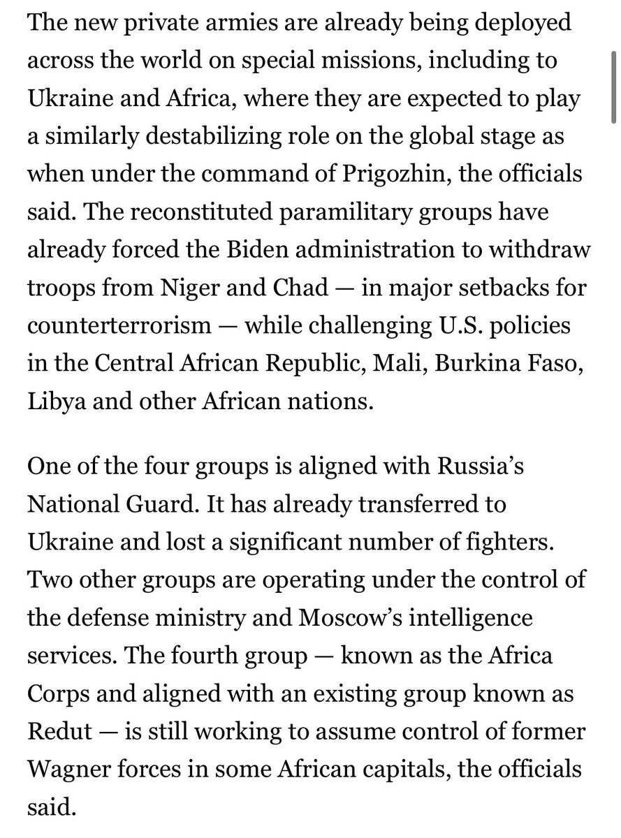 @dillonrpayton @secretsqrl123 This is all in line with current intel. Wagner as it was under Prigozhin is over, and it's essentially splintered into four groups that, while still under the Wagner umbrella, have been absorbed into the Russian Government. Africa Corps is one of the groups, now under the MoD.