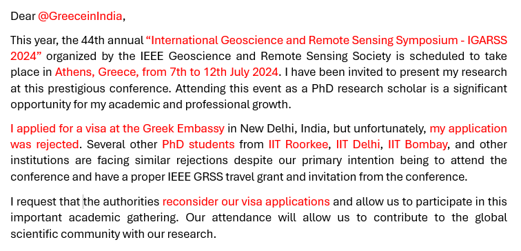 Attending scientific conferences is very important for PhD scholars. Therefore, we request to the @GreeceinIndia that our visa applications be accepted.
@GreeceMFA
@MEAIndia
@CPVIndia
@iitroorkee
@iitbombay
@ProfDrGVRS
@igarss
@Kontoes1