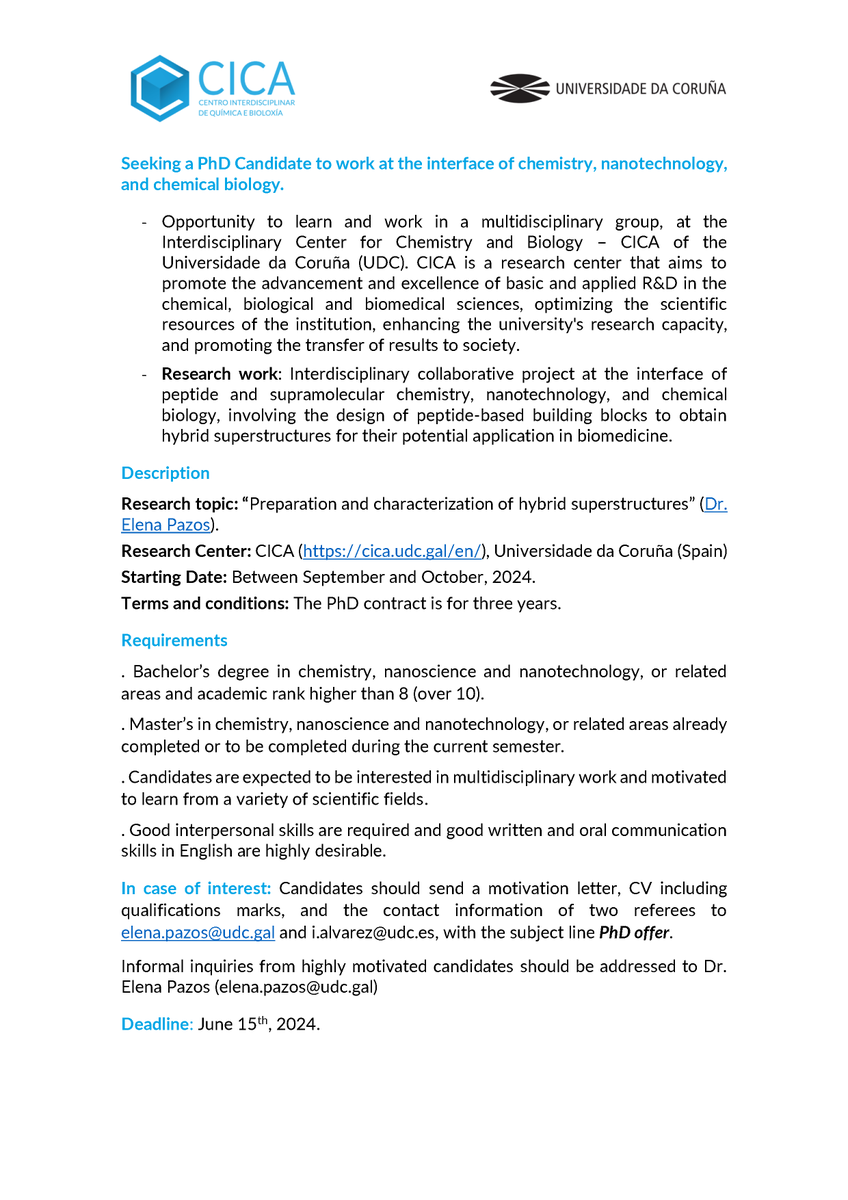 📢📢We're looking for a PhD candidate with a background in Chemistry or related areas.
⏰Deadline June 15th 
‼️RT appreciated
<a href="/CICAUDC/">CICA</a> <a href="/UDC_gal/">Universidade da Coruña</a>
More info:👇👇👇