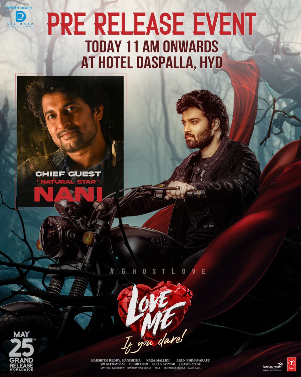 Catch the grand Pre-Release Event of #LoveMe - '𝑰𝒇 𝒚𝒐𝒖 𝒅𝒂𝒓𝒆 with Natural Star @NameisNani Garu as the chief guest 🤩 Today from 11 AM onwards. 📍Hotel Daspalla, Hyderabad Stay tuned! ▶️ youtube.com/live/886cuafzZ… In cinemas on May 25th. 🎟️ bit.ly/LoveMeTickets