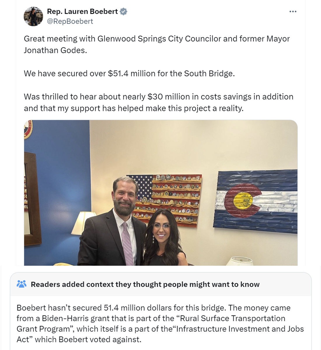 🚨BOEBERT BUSTED AGAIN: Despite voting AGAINST President Biden's Infrastructure Act, and the $51 million dollar bridge that came with it, Lauren Boebert attempted to claim credit for securing those funds. Boebert was busted and brutally fact checked by Community Notes. Well