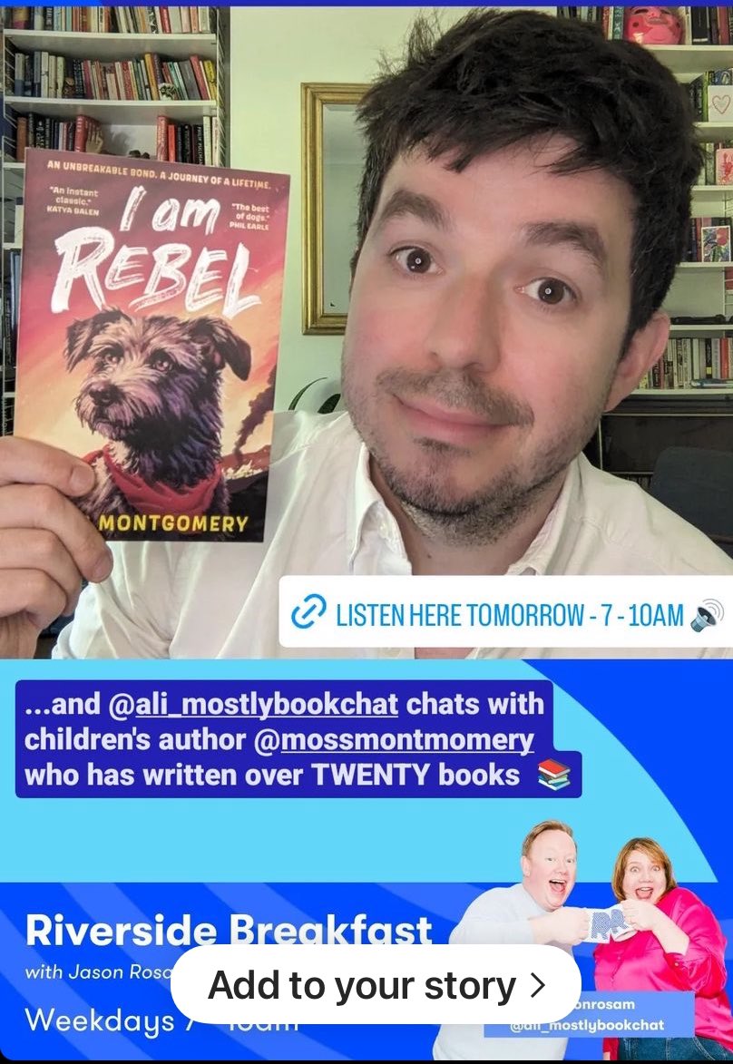 Listen in to hear from @mossmontmomery @ThisisRiverside this morning after 9am when @mostlybookchat is chatting to him about his new book #IAmRebel @WalkerBooksUK
