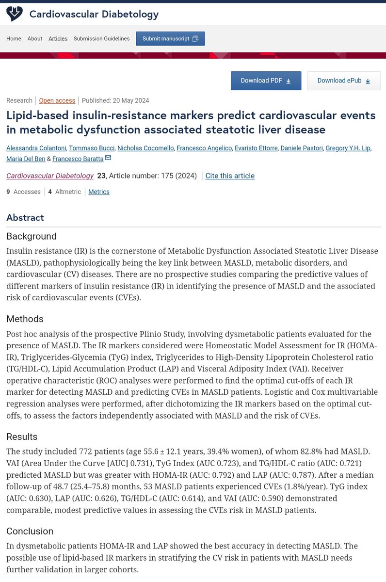 Lipid-based insulin-resistance markers predict cardiovascular events in metabolic dysfunction associated steatotic liver disease cardiab.biomedcentral.com/articles/10.11…