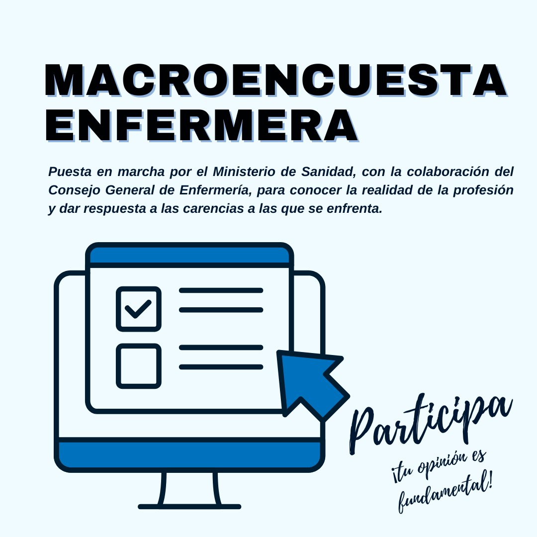 CGEnfermeria's tweet photo. Conscientes de la importancia de conocer la verdadera realidad de la profesión, desde el Consejo General de Enfermería animamos a todas las enfermeras y enfermeros a participar en la encuesta

Encuesta➡ https://t.co/Vgtm5zYiv3 https://t.co/Ncha062NVM