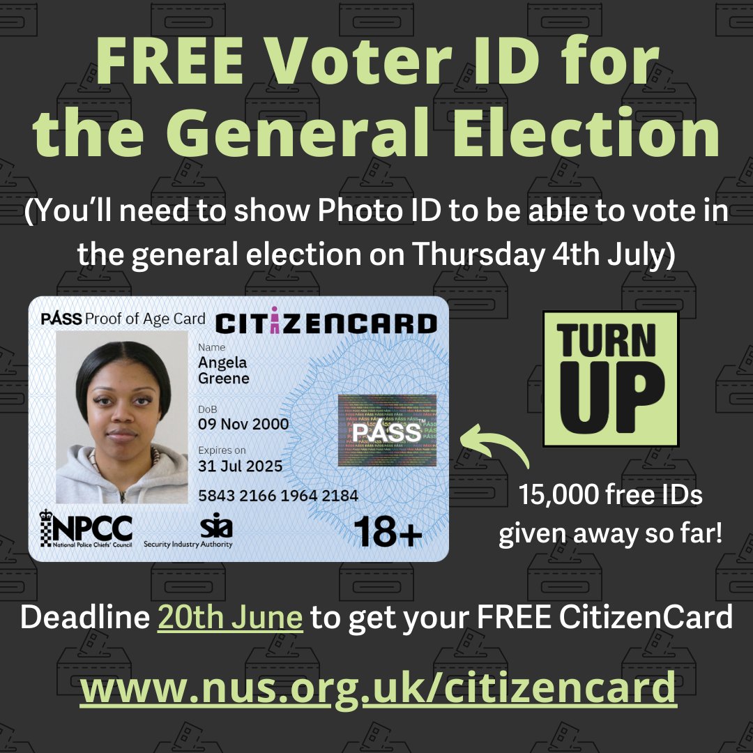 Your daily reminder that, for the 4 July General Election: ⏰ The deadline to register to vote is midnight on 18 June gov.uk/register-to-vo… 🗳️ Students can register to vote in 2 places but only vote at one 🪪 You need voter ID - get your FREE ID here nus.org.uk/citizencard