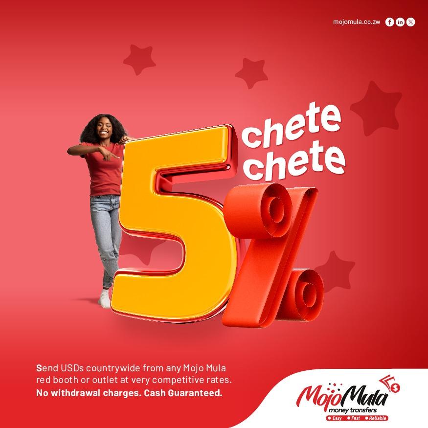 5% Chete Chete kutumira Mari ne MojoMula.

No withdrawal charges. Cash Guaranteed.
#mojomula #moneytransfer