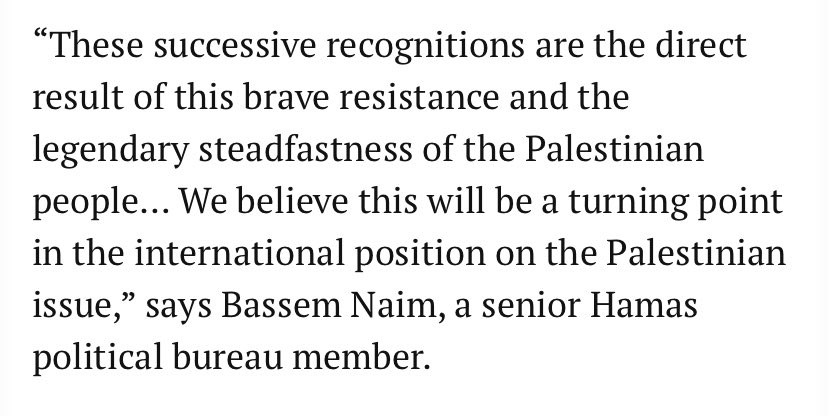 Herr @ronzheimer, das was Sie schreiben deckt sich mit dem Statement der Hamas als Reaktion auf Norwegen, Irland und Spanien, einen palästinensischen Staat anerkennen zu wollen. Hamas antwortet: „Die Anerkennung eines palästinensischen Staates durch Norwegen, Spanien und