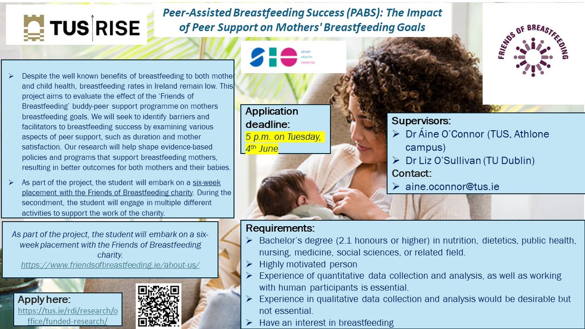 Aine O’Connor (@aoconnor_phd) on Twitter photo 🚀Calling all potential MSc Students. We are looking for a MSc candidate for an exciting project on breastfeeding partnered with <a href="/FriendsofBF/">Friends of Breastfeeding</a> charity. Supervised by <a href="/LizOSullivanPhD/">Liz O'Sullivan</a> and I. Closing date for applications is Tuesday 4th June. To apply, see links below.🤱📚#Retweet 🚀Calling all potential MSc Students. We are looking for a MSc candidate for an exciting project on breastfeeding partnered with <a href="/FriendsofBF/">Friends of Breastfeeding</a> charity. Supervised by <a href="/LizOSullivanPhD/">Liz O'Sullivan</a> and I. Closing date for applications is Tuesday 4th June. To apply, see links below.🤱📚#Retweet