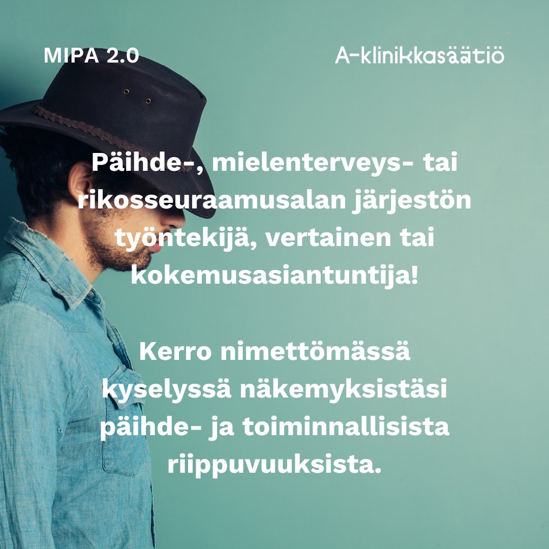 #Päihde-, #mielenterveys- tai #rikosseuraamus'yhdistyksen vertainen, kokemusasiantuntija tai työntekijä: kerro kyselyssä näkemyksistäsi päihde- ja toiminnallisista riippuvuuksista. #addiktiot Vastausaikaa 7.6. asti. Lämmin kiitos vastauksestasi! Kyselyyn: link.webropolsurveys.com/S/CC39B51E70E9…