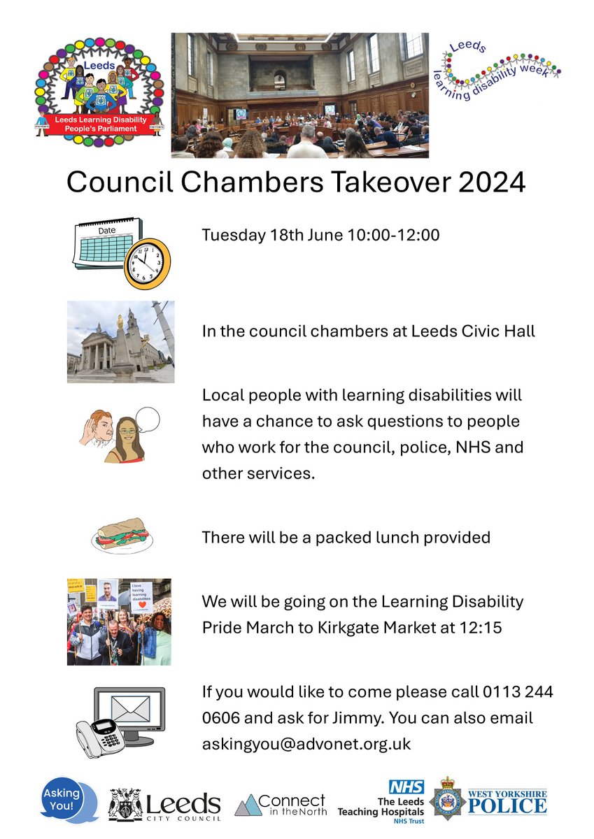 The #Leeds #LearningDisability People's Parliament Council Chamber Takeover is next month! It is an opportunity to ask councillors, police, NHS and others questions.
It's on Tuesday 18th June from 10am. Find out more about how to join here: askingyou.org.uk/council-chambe…