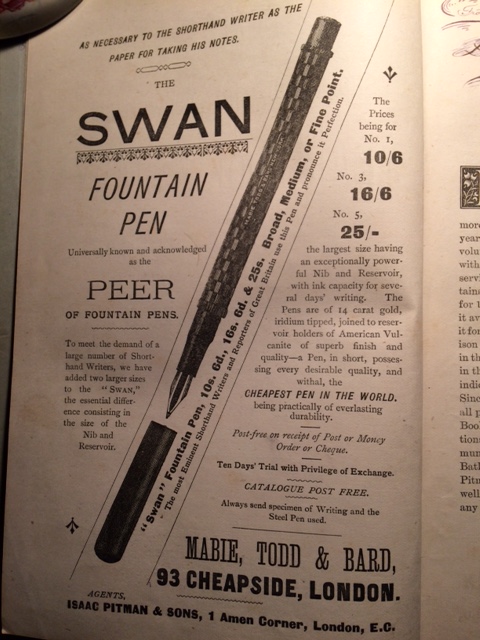 Advertisement for the Swan fountain pen in Gordon Heywood's 1894 diary. He sent for one of these from Mabie, Todd and Bard. Gordon was learning Pitman Shorthand at Hayle Grammar School, Cornwall.